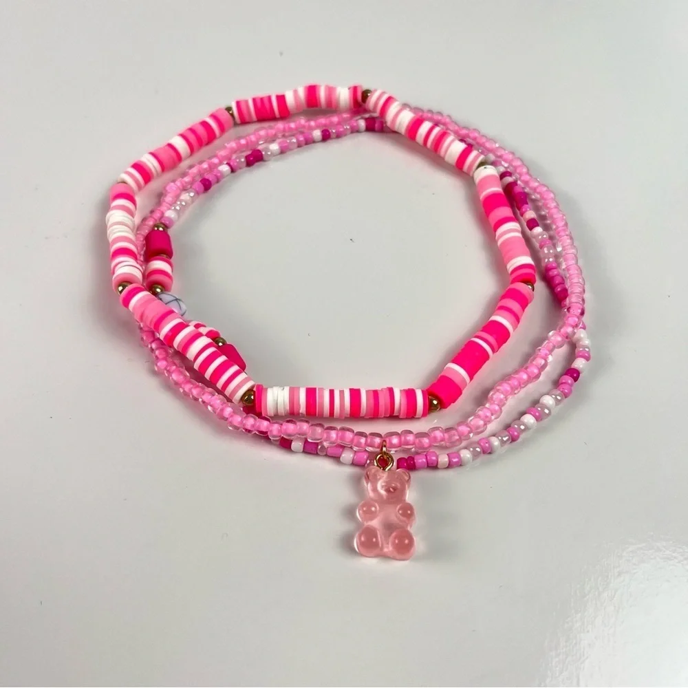Lot of 3 Beaded Girls Chokers Pink Teddy Bear